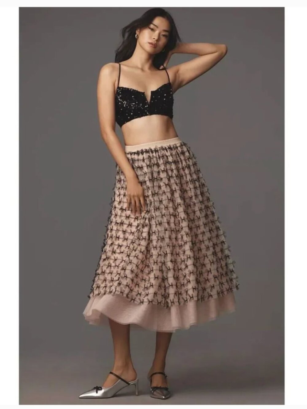 Maeve Anthropologie Bow Tulle Midi Skirt Blush Pink Black Elastic Waist NWOT XXS